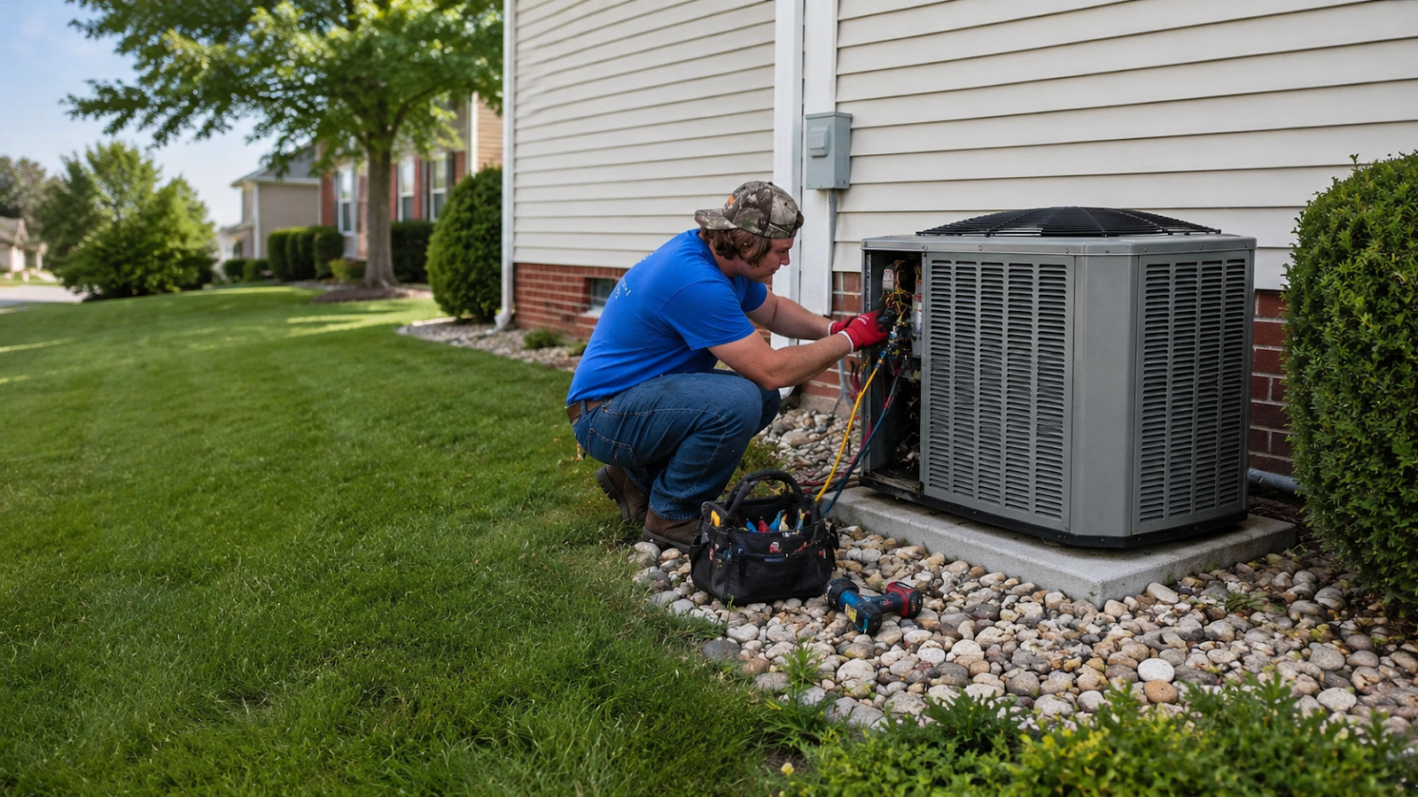 Ferguson & Sons technician servicing an outdoor HVAC unit