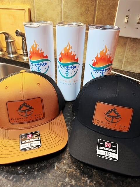 Ferguson & Sons branded hats and tumblers